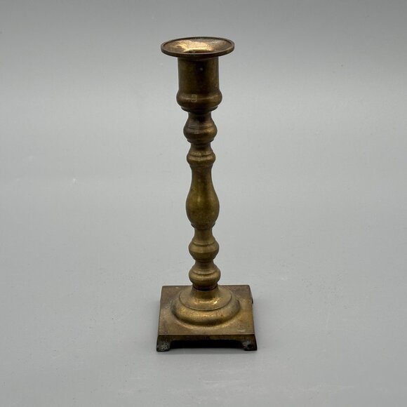 Vintage Brass Taper Candle Holder With Tall Turned Column And Square Footed Base - Picture 1 of 8